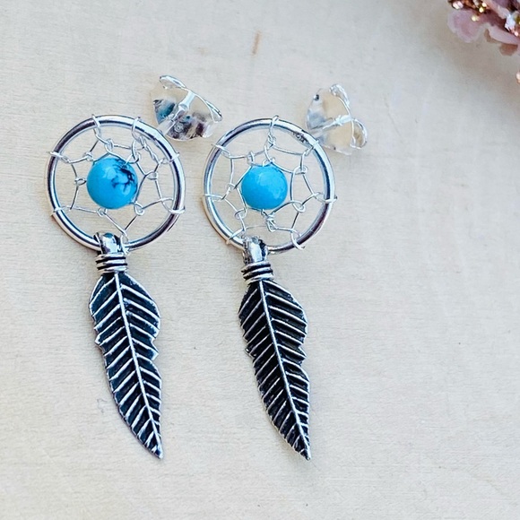 Dream Catcher Solid Sterling Silver Stud earrings bohemian style - Picture 2 of 8